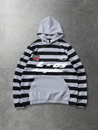 Prep Unisex Striped Patchwork English Graphic Print Hoodie, Street Style American Sweatshirt For Autumn/Winter, Long Sleeve Top