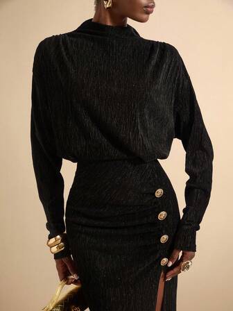 SHEIN Veneréa Metallisk spänne dekor glansigt texturerat tyg hög hals långärmad rynkad axel och midja hög slits elegant klänning för kvinnor