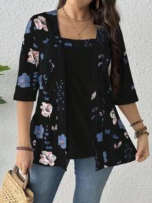 Camiseta gráfica de mujer de verano EMERY ROSE con estampado de hojas florales y parches, 2 en 1 - Negro - Ver 4
