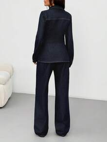 EURMUSE Dark Washed Denim Fitted Waist Shirt And Straight Jean Set Petite 2 Piece Denim Sets Woman Woman Suit Denim Outfit Women Pants Suit Denim Two Piece Outfits - Dark Wash - View 3