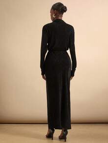 Vesra 金属扣装饰光泽纹理面料高领长袖褶皱肩腰高开衩优雅女式连衣裙 - 黑色 - 查看 2