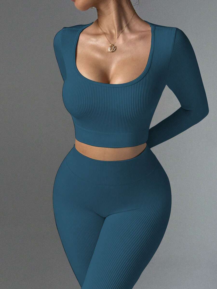 SHEIN Dewbera Conjunto de Roupa Esportiva Feminina de Cor Sólida, Gola Careca, Elástica, Primavera/Outono