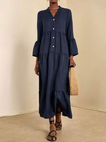 EMERY ROSE 缺口领喇叭袖纯色连衣裙，休闲假日风格长款女装 - 藏蓝色 - 查看 1