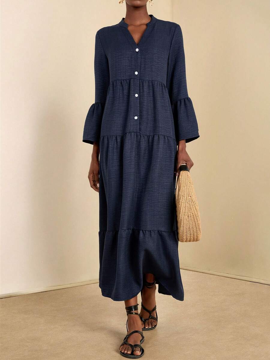 EMERY ROSE 缺口领喇叭袖纯色连衣裙，休闲假日风格长款女装 - 藏蓝色 - 查看 1