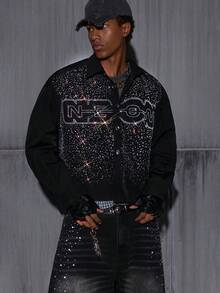 NEON BLANC 男士水钻装饰衬衫长袖宽松短款梭织面料休闲上衣 - 黑色 - 查看 1