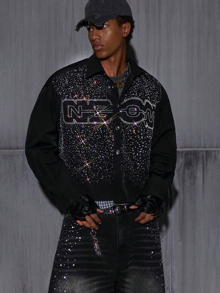 NEON BLANC 男士水钻装饰衬衫长袖宽松短款梭织面料休闲上衣 - 黑色 - 查看 1
