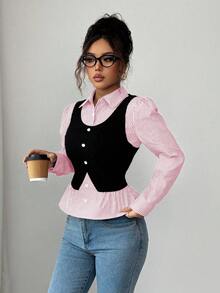 SHEIN Elenzya Women's Ribbed Patchwork Fuzzy Textured Ribbed Fabric Collared V-Neck Waist Cinched Design Patchwork Elegant Long Sleeve Blouse - Pink - View 6