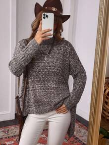 SHEIN LUNE Women's Solid Color High Neck Drop Shoulder Long Sleeve Casual Loose Knit Pullover Sweater - Coffee Brown - View 4