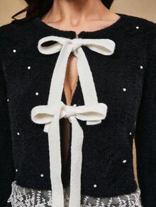 Penseblé Women's Fashion Round Neck Beaded Bowknot Hem Contrast Lace Cardigan Sweater Jacket, Black, Suitable For Christmas And New Year - Black - View 4