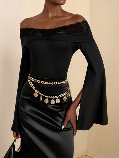 Vesra Elegant Commuter Lace Patchwork Off Shoulder Cape Sleeve T-Shirt