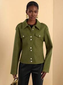 Vesra Short Single-Breasted British Style Overcoat - Army Green - View 7