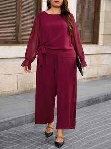 EMERY ROSE 2件套大码女式休闲雪纺纯色圆领抽绳下摆宽松长袖衬衫和长直筒裤套装 - 酒紅色 - 查看 5