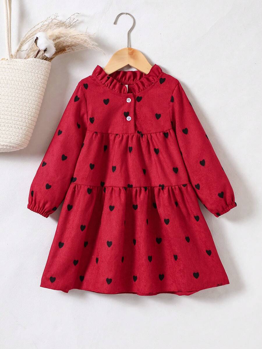 Elladie kids 少女心形印花荷叶边长袖连衣裙 - 紅色 - 查看 1