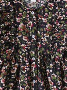 Young Girl Casual Vacation Style Ditsy Floral Ruffle Sleeve Waist Cinched Dress, Autumn/Spring - Black - View 5