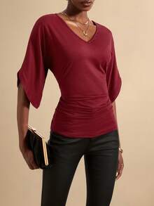 Vesra Women's Solid Color Casual Cinched Waist Fashionable Batwing Sleeve V-Neck Short Sleeve T-Shirt - Burgundy - View 3