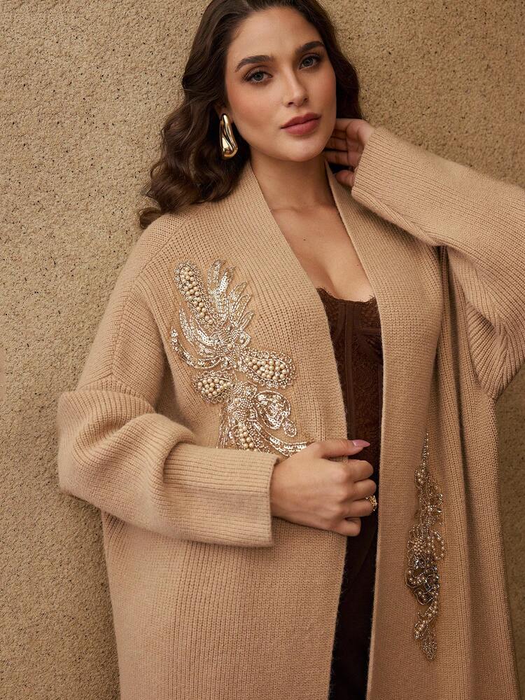 PLUS SIZE WOMEN ELEGANT SEQUIN & FAUX PEARL DECO DROP SHOULDER LOOSE CARDIGAN, AUTUMN/WINTER