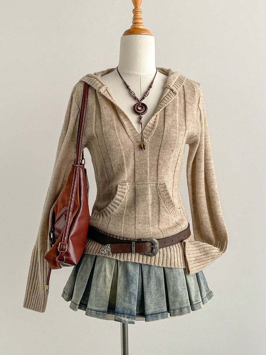 Elamini 女式时尚纯色长袖带口袋连帽毛衣 - 卡其色 - 查看 1