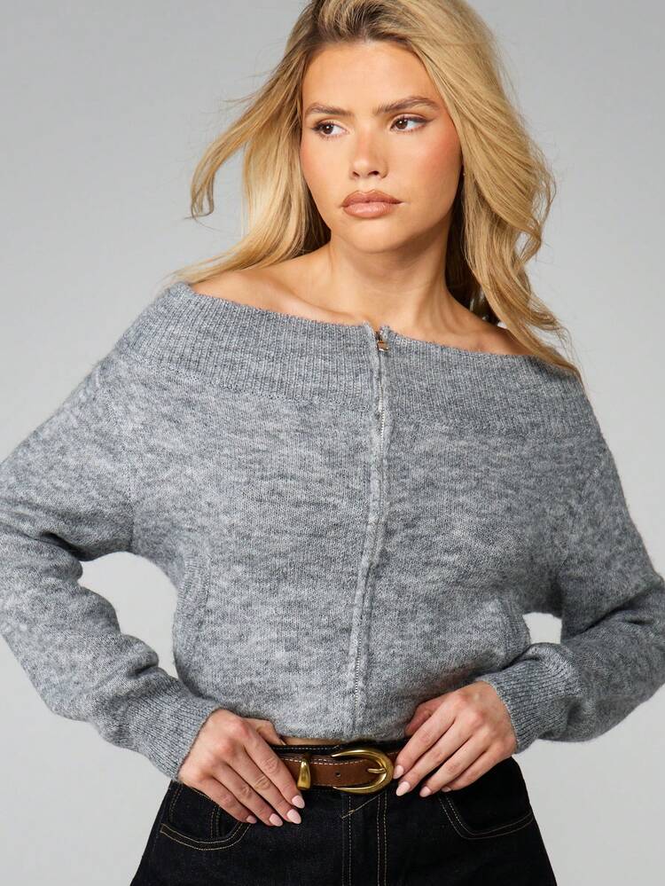 MISSGUIDED Off Shoulder Button Front Heathered Knit Cardigan Sweater With Ribbed Cuffs