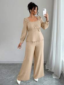 Elenzga Bộ 2 áo thun cổ tròn tay dài in họa tiết cỡ lớn kèm quần dài - Màu Khaki - Xem 8