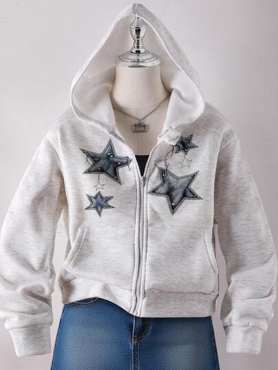 Tween Girls' Knitted Light Gray Long Sleeve Hooded Sweatshirt Jacket With Pockets And Star Print, Fashionable Casual Sporty Style For Spring And Autumn