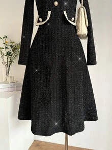 Celisse 女士优雅花卉蕾丝拼接长袖中长连衣裙 - 黑色 - 查看 3