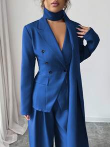 SHEIN Elenzya 女式不对称领设计收腰长袖西装外套和宽松阔腿裤优雅套装，适合教学、约会、派对、正式场合 - 寶藍色 - 查看 5