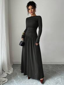 Elenzga 女士牛奶丝针织弹力露肩褶前腰 A 字宽松长袖超长连衣裙，优雅法式浪漫风格，适合办公室、休闲、派对、春/秋/冬 - 黑色 - 查看 7