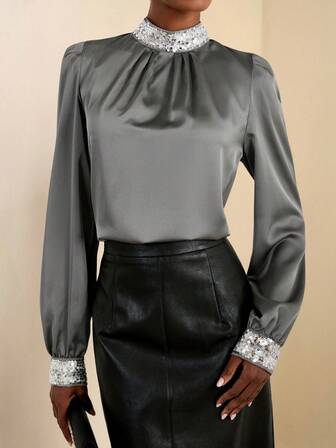 SHEIN Veneréa Women's Elegant Sequin Patchwork Mandarin Collar Blouse