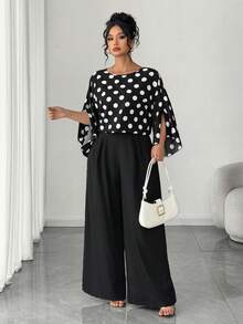 SHEIN Elenzya 大码女式优雅圆领喇叭袖波点印花松紧腰上衣，黑色西装面料，商务通勤两件套 - 黑色 - 查看 3