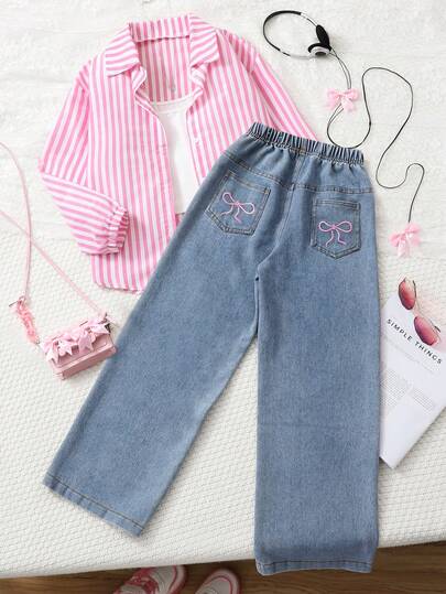SHEIN 2pcs/Set Tween Girl' Spring/Autumn Striped Long Sleeve Shirt & Loose Light Blue Denim Jeans, Sweet Casual Outfit For Daily Wear