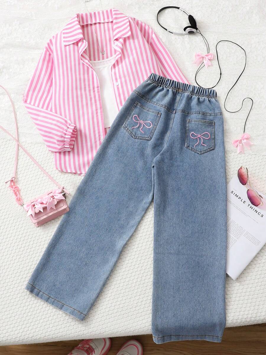 SHEIN 2pcs/Set Tween Girl' Spring/Autumn Striped Long Sleeve Shirt & Loose Light Blue Denim Jeans, Sweet Casual Outfit For Daily Wear - Pink - View 1
