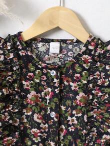 Young Girl Casual Vacation Style Ditsy Floral Ruffle Sleeve Waist Cinched Dress, Autumn/Spring - Black - View 3