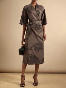 Vesra Women's Elegant V-Neck Criss-Cross Tie Bow Leopard Animal Print Long Sleeve Midi Dress, Versatile For Commute, Vacation And All Seasons - Multicolor - View 3