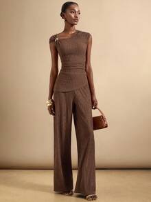 SHEIN Veneréa Women's Asymmetrical Knit Top + Wide Leg Pants Fashio2 Piecesce Set - Brown - View 4
