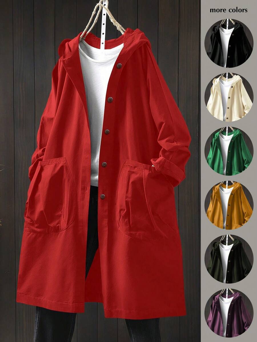 SHEIN LUNE Plus Size Casual Hooded Long Jacket With Large Pockets - Red - View 1
