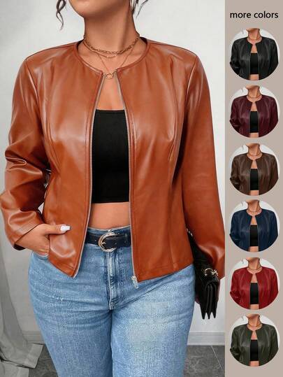 SHEIN PETITE CURVE Chaqueta clásica y versátil de PU para mujer de talla grande, serie petite