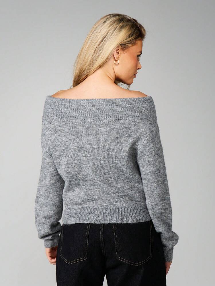 MISSGUIDED Off Shoulder Button Front Heathered Knit Cardigan Sweater With Ribbed Cuffs