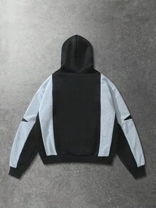 ROMWE MEN Street Life Unisex Embroidered Patchwork Hoodie Sweatshirt, Casual Design For Autumn/Winter - Black - View 2