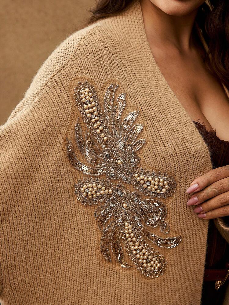 PLUS SIZE WOMEN ELEGANT SEQUIN & FAUX PEARL DECO DROP SHOULDER LOOSE CARDIGAN, AUTUMN/WINTER