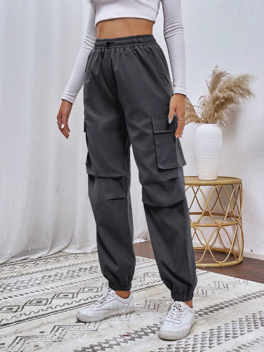 SHEIN Unity 纯色抽绳腰带口袋休闲工装慢跑裤 - 深灰色 - 查看 1