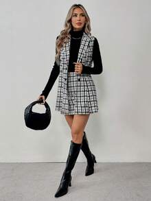 SHEIN Tall 格子印花双排扣马甲和裙子优雅两件套 - 彩色 - 查看 4