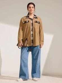 Momelise Plus Size Khaki Plaid Patchwork Blouse Wrinkle Resistant Woven Fabric Regular Length Shirt - Khaki - View 4