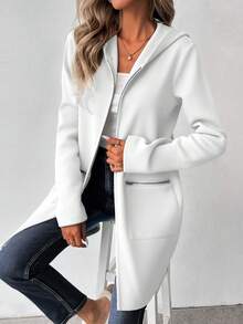 SHEIN LUNE 女式秋季长袖连帽夹克，落肩，卫衣材质，拉链装饰，中长款，休闲 - 白色 - 查看 6