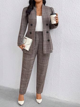 SHEIN CURVE+ 秋冬大码女式复古风格西装套装