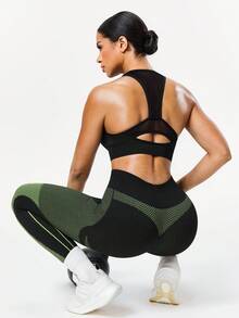 Seamluxe SHEIN Sport Sujetador deportivo sin costuras de alta elasticidad, espalda de malla, negro - Negro - Ver 5