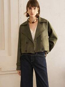 EMERY ROSE 女式仿皮翻领双排扣水洗面料休闲通勤夹克 - 軍綠色 - 查看 4