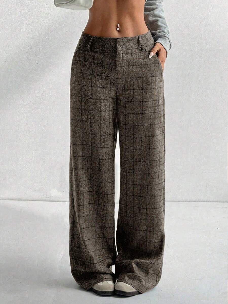 SHEIN Unity 1pc Women's Casual, Daily, Outdoor, Commute Plaid Low Waist Loose Pants, Daily Wear, Casual, Minimalist, Retro Fall Cloth For Women - Brown - View 1