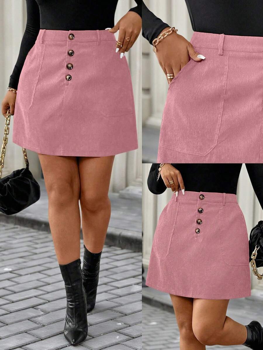 SHEIN LUNE Plus Size Women Solid Color Button Front Pocket Casual Skirt Fall - Pink - View 1