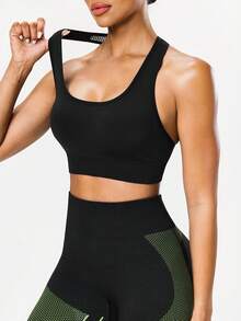 Seamluxe SHEIN Sport Sujetador deportivo sin costuras de alta elasticidad, espalda de malla, negro - Negro - Ver 3