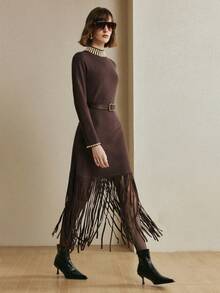 Arave Women's Slim Fit, Small High Collar, Cuffs With Beading Decoration, Hem With Tassel Stitching Design, Modern Party Long-Sleeved Sweater Dress,   Party Dress, Winter Clothes For Women - Chocolate Brown - View 1